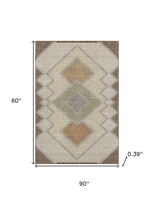5' X 8' Brown And Copper Geometric Washable Area Rug With UV Protection