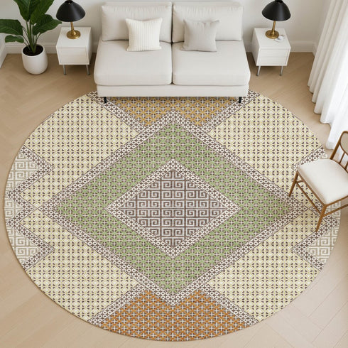8' Brown And Copper Geometric Washable Round Rug With UV Protection