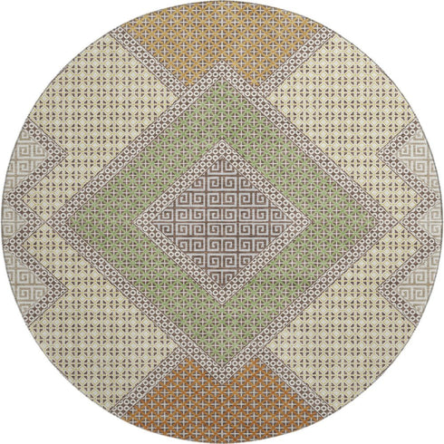 8' Brown And Copper Geometric Washable Round Rug With UV Protection