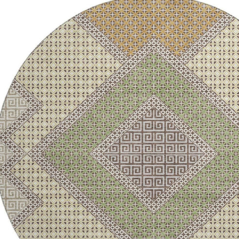 8' Brown And Copper Geometric Washable Round Rug With UV Protection