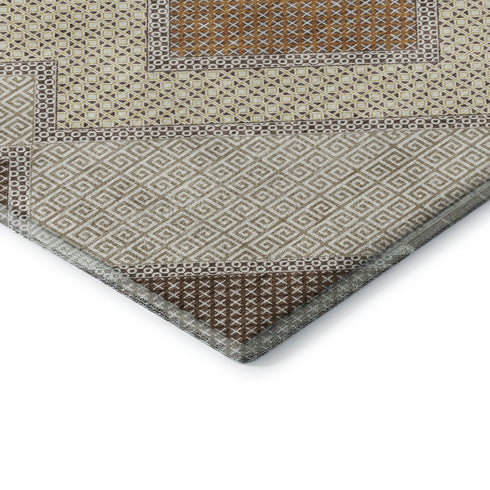 8' Brown And Copper Geometric Washable Round Rug With UV Protection
