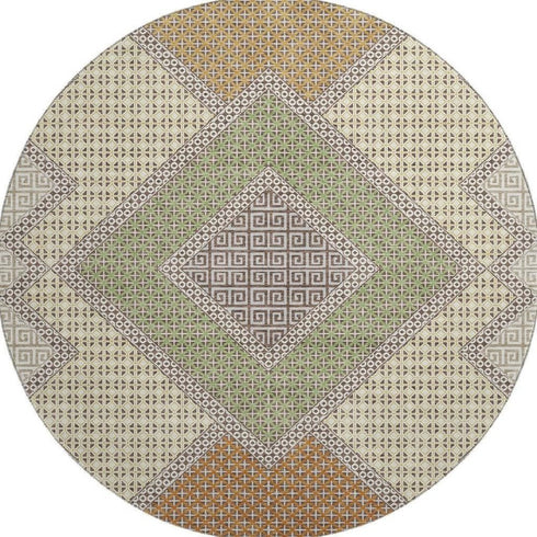 8' Brown And Copper Geometric Washable Round Rug With UV Protection