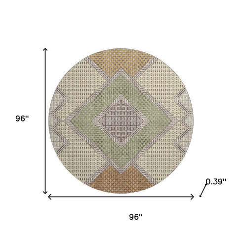 8' Brown And Copper Geometric Washable Round Rug With UV Protection