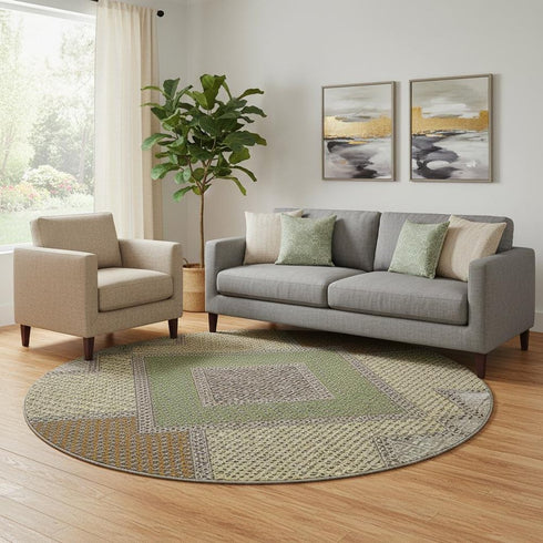 8' Brown And Copper Geometric Washable Round Rug With UV Protection