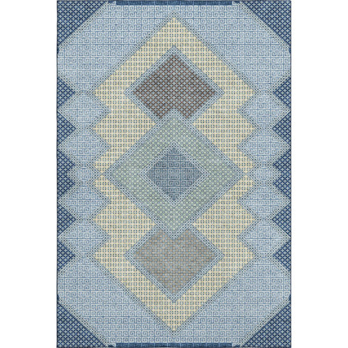 5' X 8' Denim Blue And Gray Geometric Washable Area Rug With UV Protection