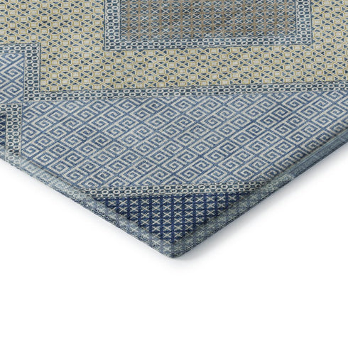 5' X 8' Denim Blue And Gray Geometric Washable Area Rug With UV Protection