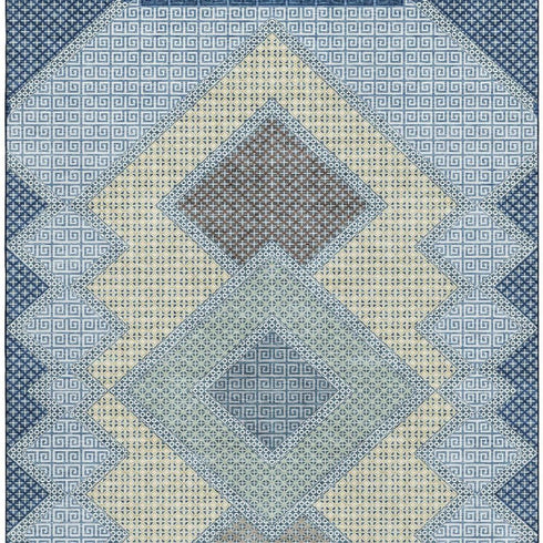 5' X 8' Denim Blue And Gray Geometric Washable Area Rug With UV Protection