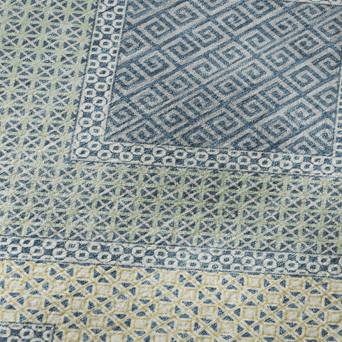 5' X 8' Denim Blue And Gray Geometric Washable Area Rug With UV Protection