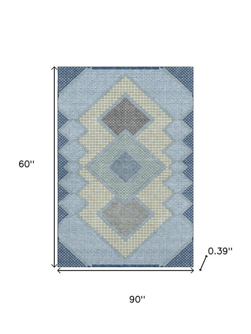5' X 8' Denim Blue And Gray Geometric Washable Area Rug With UV Protection