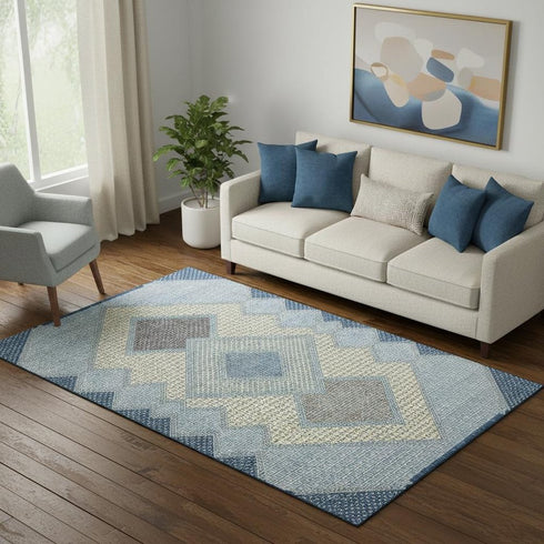 5' X 8' Denim Blue And Gray Geometric Washable Area Rug With UV Protection