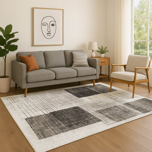 9' X 12' Ivory And Gray Geometric Washable Area Rug With UV Protection