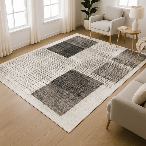 9' X 12' Ivory And Gray Geometric Washable Area Rug With UV Protection