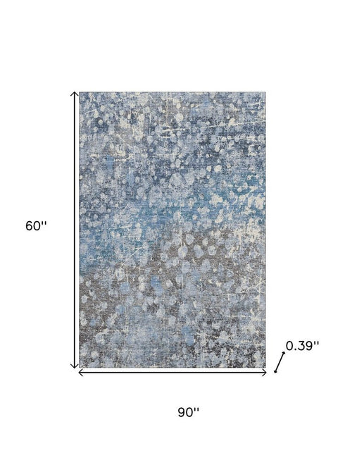 5' X 8' Blue And Gray Abstract Washable Area Rug With UV Protection