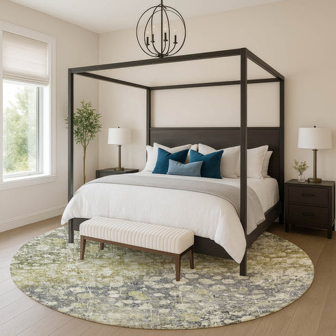 8' Olive Green And Gray Abstract Washable Round Rug With UV Protection