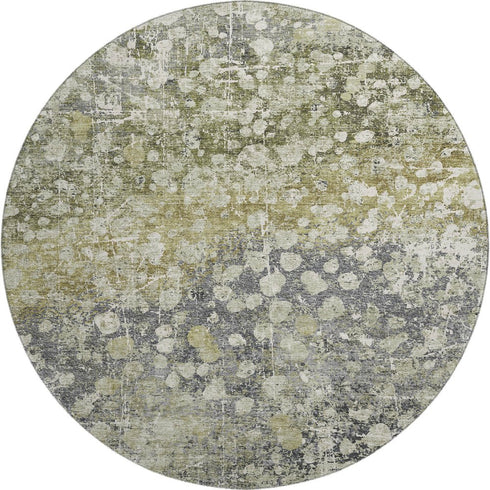 8' Olive Green And Gray Abstract Washable Round Rug With UV Protection