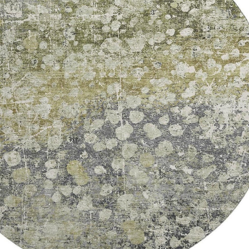 8' Olive Green And Gray Abstract Washable Round Rug With UV Protection