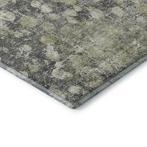8' Olive Green And Gray Abstract Washable Round Rug With UV Protection