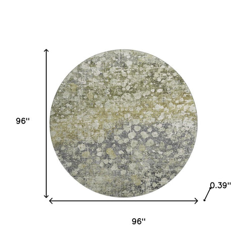 8' Olive Green And Gray Abstract Washable Round Rug With UV Protection
