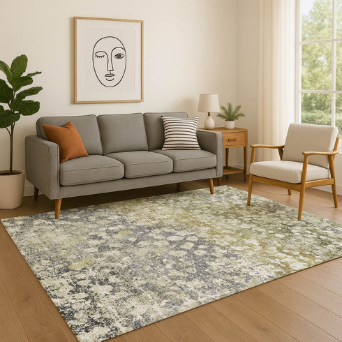 9' X 12' Olive Green And Gray Abstract Washable Area Rug With UV Protection