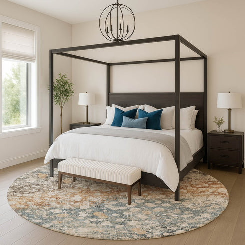 8' Light Taupe And Brown Abstract Washable Round Rug With UV Protection