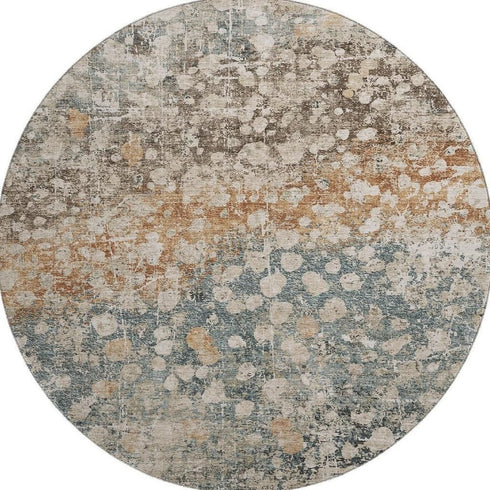 8' Light Taupe And Brown Abstract Washable Round Rug With UV Protection