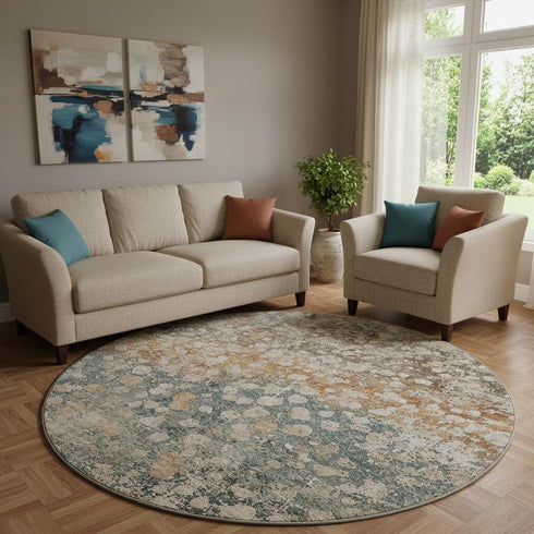 8' Light Taupe And Brown Abstract Washable Round Rug With UV Protection