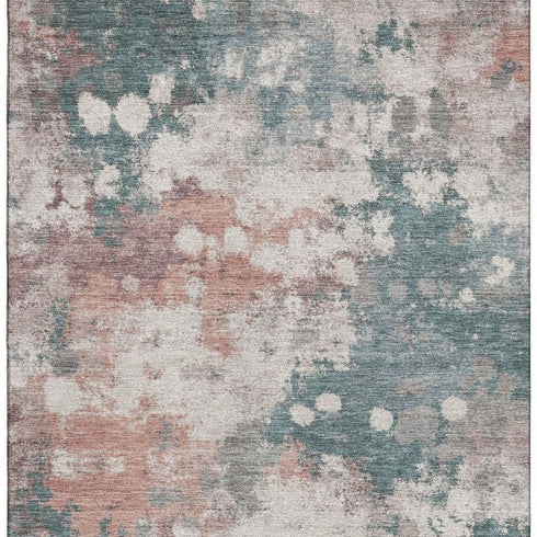 5' X 8' Coral And Teal Abstract Washable Area Rug With UV Protection