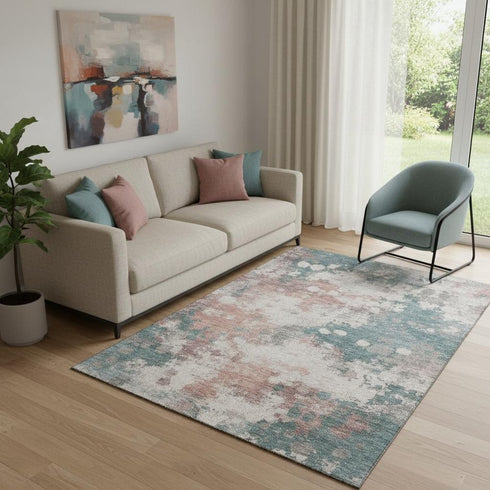 5' X 8' Coral And Teal Abstract Washable Area Rug With UV Protection