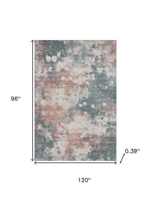 8' X 10' Coral And Teal Abstract Washable Area Rug With UV Protection