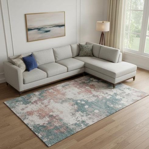 8' X 10' Coral And Teal Abstract Washable Area Rug With UV Protection