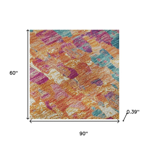 5' X 8' Blush And Teal Abstract Washable Area Rug With UV Protection