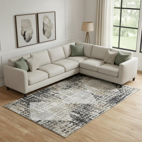 8' X 10' Black And Gray Geometric Washable Area Rug With UV Protection