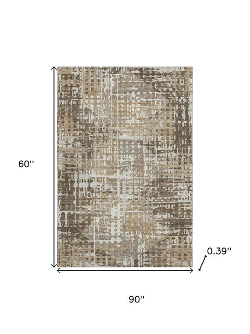 5' X 8' Brown And Beige Geometric Washable Area Rug With UV Protection