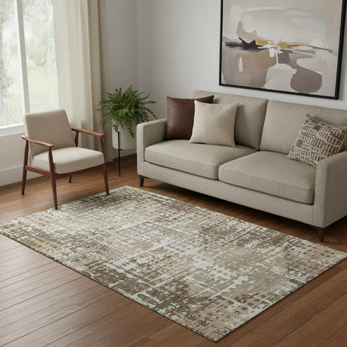5' X 8' Brown And Beige Geometric Washable Area Rug With UV Protection