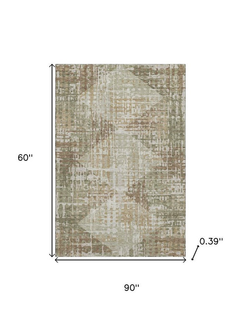 5' X 8' Fern Green And Beige Geometric Washable Area Rug With UV Protection