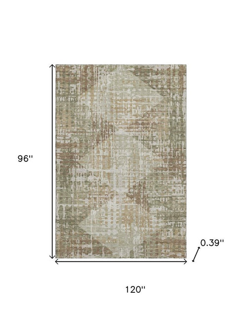 8' X 10' Fern Green And Beige Geometric Washable Area Rug With UV Protection