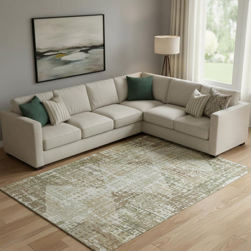 8' X 10' Fern Green And Beige Geometric Washable Area Rug With UV Protection