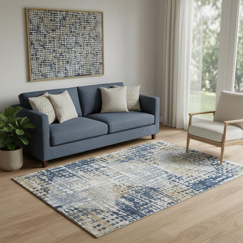 5' X 8' Navy Blue And Beige Geometric Washable Area Rug With UV Protection