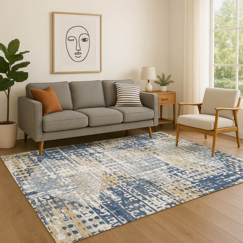 8' X 10' Navy Blue And Beige Geometric Washable Area Rug With UV Protection