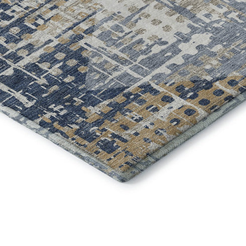 8' X 10' Navy Blue And Beige Geometric Washable Area Rug With UV Protection