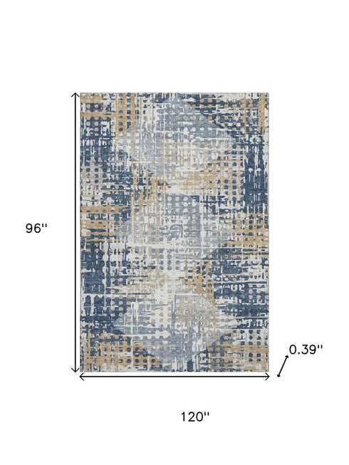 8' X 10' Navy Blue And Beige Geometric Washable Area Rug With UV Protection