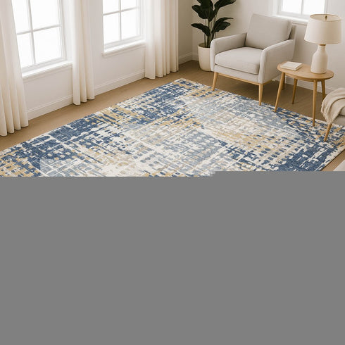 8' X 10' Navy Blue And Beige Geometric Washable Area Rug With UV Protection