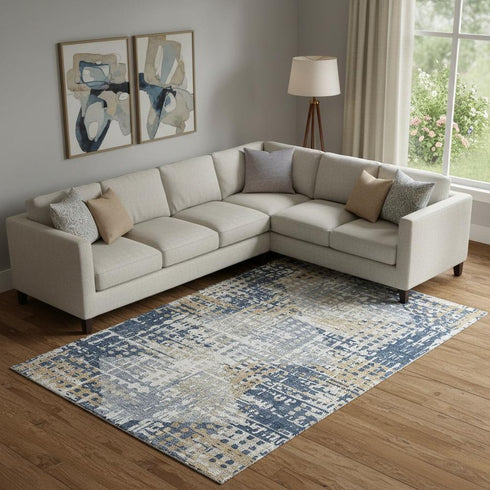 8' X 10' Navy Blue And Beige Geometric Washable Area Rug With UV Protection