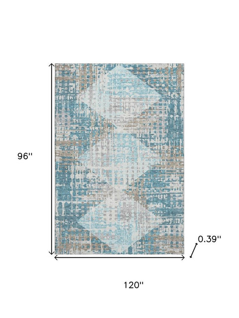 8' X 10' Teal And Beige Geometric Washable Area Rug With UV Protection