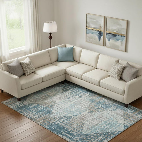 8' X 10' Teal And Beige Geometric Washable Area Rug With UV Protection