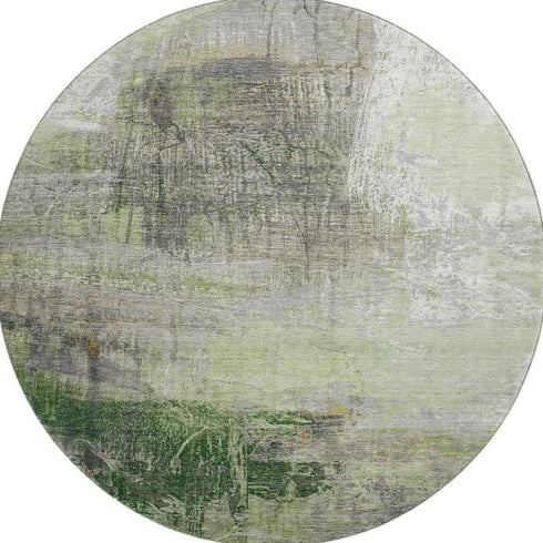 8' Sage And Ivory Abstract Washable Round Rug With UV Protection
