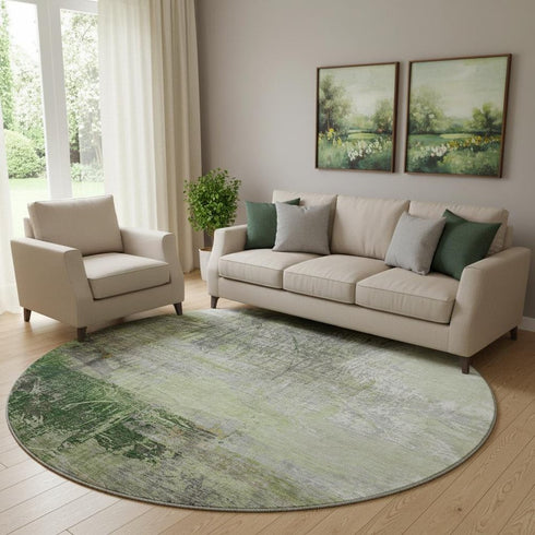8' Sage And Ivory Abstract Washable Round Rug With UV Protection