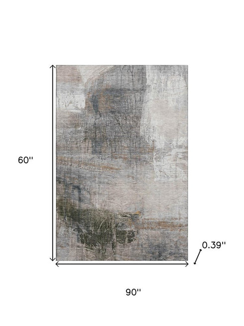 5' X 8' Light Taupe And Gray Abstract Washable Area Rug With UV Protection