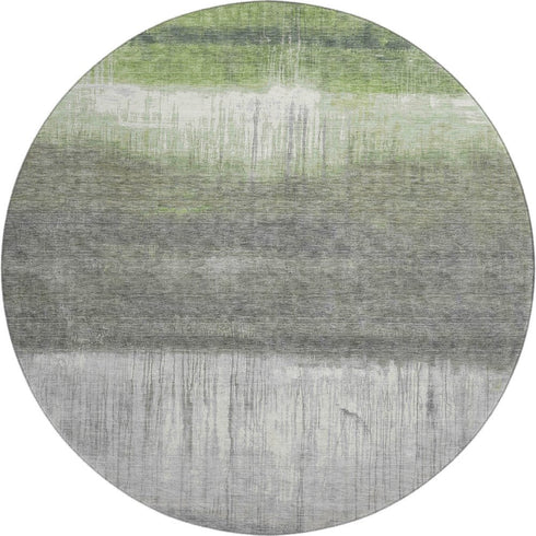 8' Fern Green And Gray Abstract Washable Round Rug With UV Protection