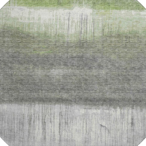 8' Fern Green And Gray Abstract Washable Round Rug With UV Protection